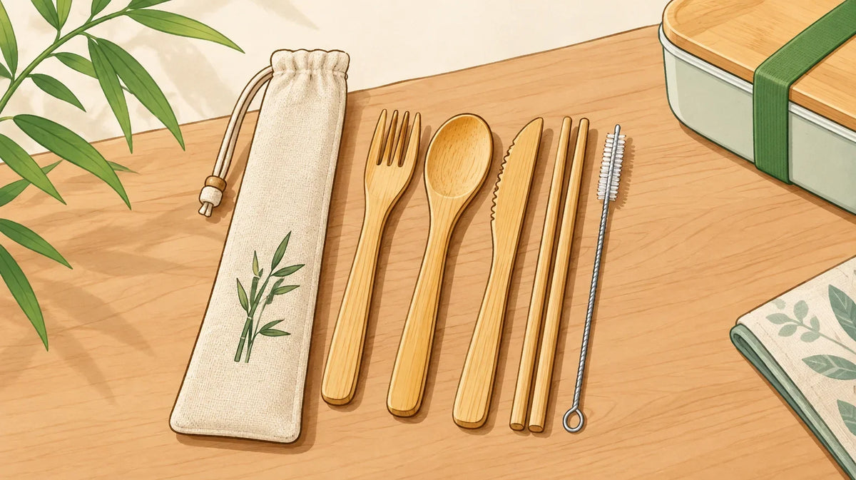 Set de couverts en bambou présenté avec sa paille et son pochon en coton