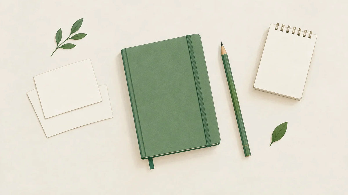 Papeterie personnalisable composée d’un carnet, de cartes, d’un crayon et d’un bloc de notes