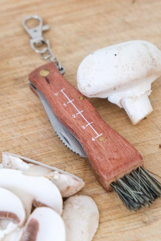Couteau à Champignon 17cm à Personnaliser - My Bambou avec cuillère et brosse, parfait pour la cueillette des champignons.