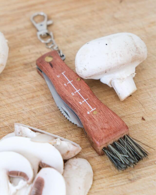 Couteau à Champignon 17cm à Personnaliser - My Bambou avec cuillère et brosse, parfait pour la cueillette des champignons.