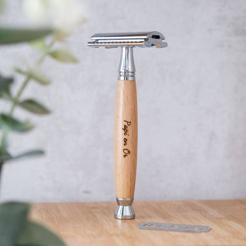 Rasoir de Sûreté à Personnaliser - My Bambou avec manche en bois naturel et tête en alliage de zinc.