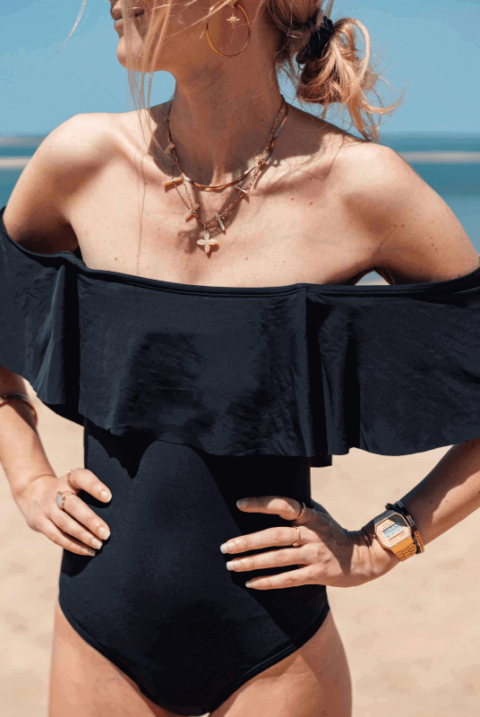 Maillot de Bain Menstruel Noir une Pièce Collerette + 1 Pochette de Rangement - My Bambou - My Bambou