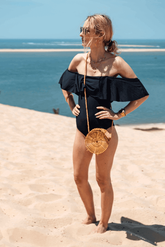 Maillot de Bain Menstruel Noir une Pièce Collerette + 1 Pochette de Rangement - My Bambou - My Bambou