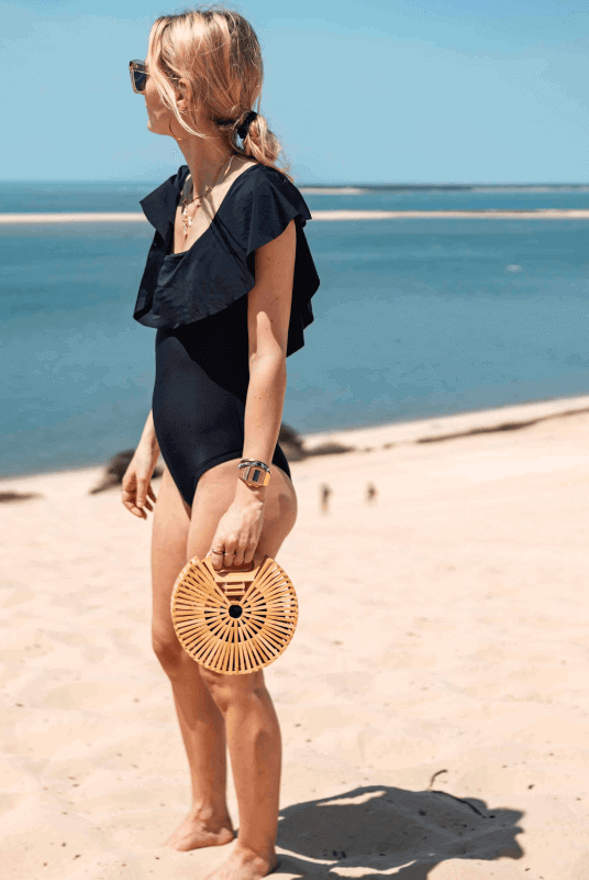 Maillot de Bain Menstruel Noir une Pièce Collerette + 1 Pochette de Rangement - My Bambou - My Bambou