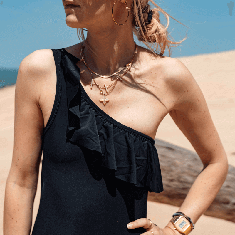 Maillot de Bain Menstruel Noir une Pièce Asymétrique + 1 Pochette de Rangement - My Bambou - My Bambou