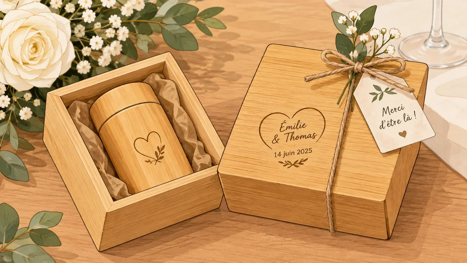 Bouchons de vin personnalisés en bois pour les invités d’un mariage