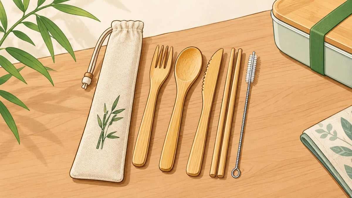 Set de couverts en bambou présenté avec sa paille et son pochon en coton