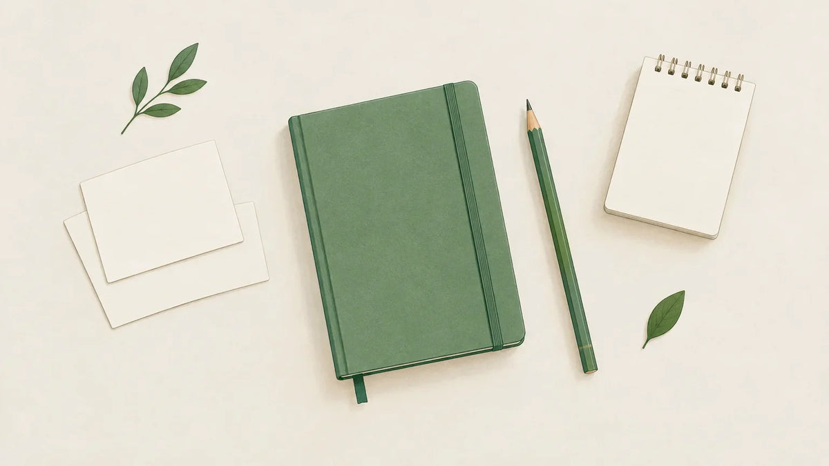 Papeterie personnalisable composée d’un carnet, de cartes, d’un crayon et d’un bloc de notes
