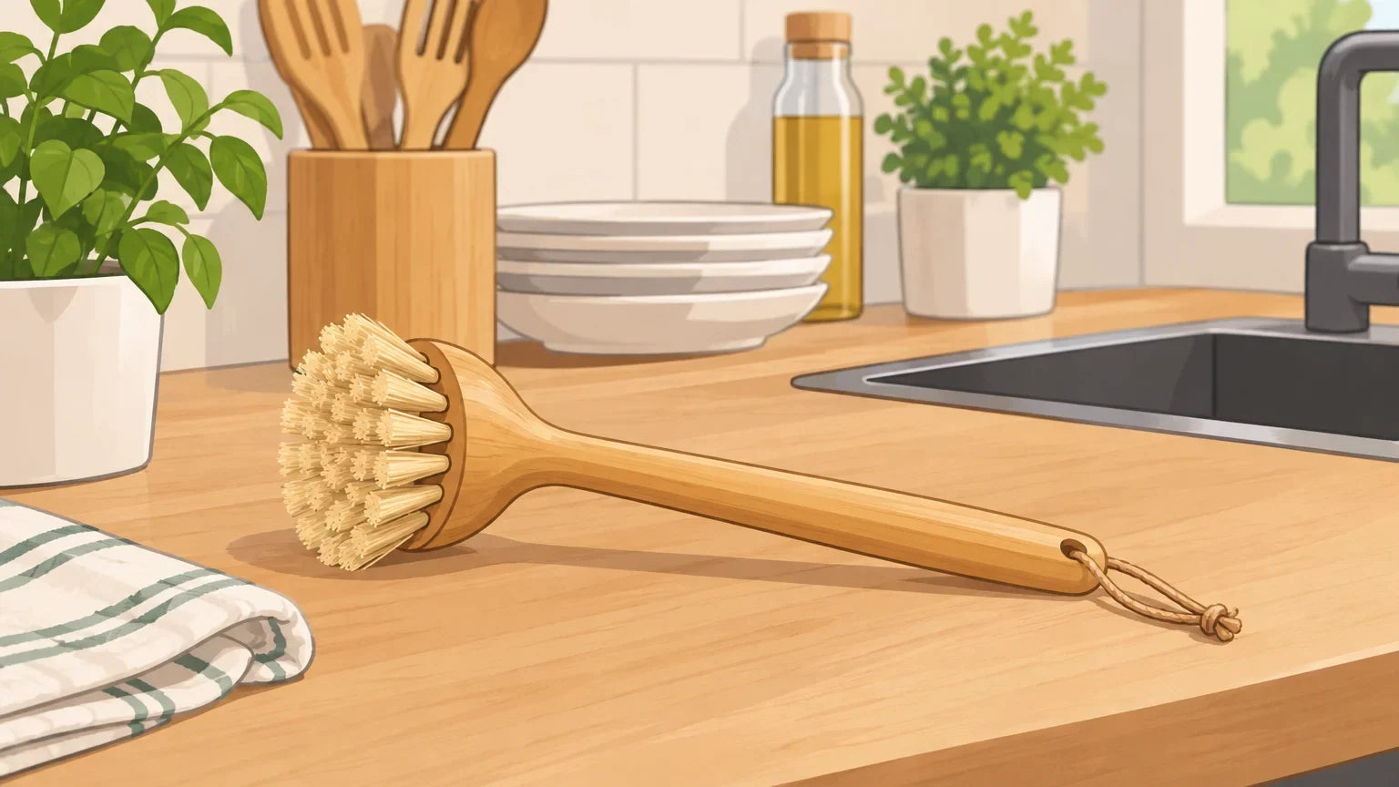 Brosse à vaisselle en bois près d’un évier, avec quelques accessoires réutilisables de cuisine