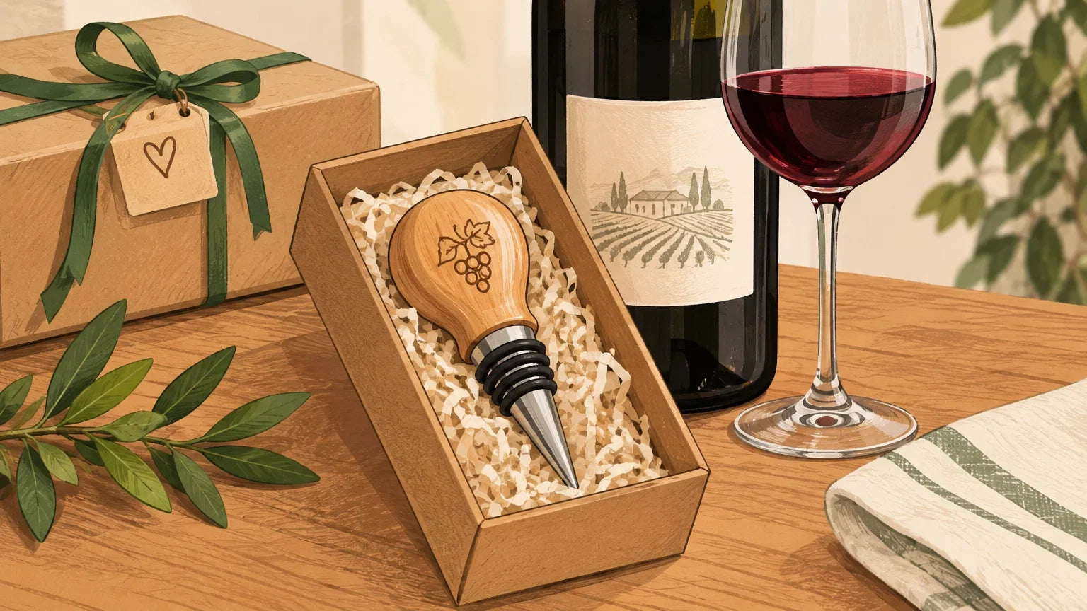 Bouchon de vin en bois et liège présenté sur une table conviviale