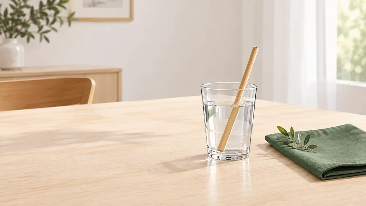 Verre d’eau avec paille réutilisable sur une table dressée