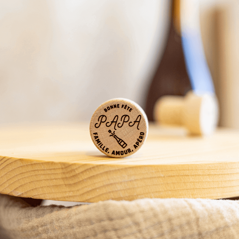 Bouchon Bouteille de Vin "Bonne fête papa" en liège et bois - My Bambou