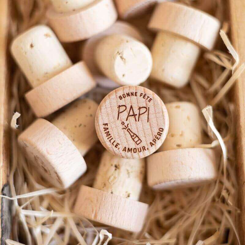 Bouchon Bouteille de Vin Bonne Fête Papi en liège et bois - My Bambou